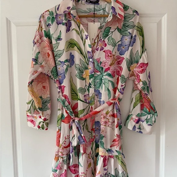 NWT Zara Ladies Multicolor Floral Shirt Dress with Belt Sz XL - Picture 2 of 8